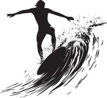 Ocean Surfing A silhouette of a person balancing on a surfboard, riding a big wave. vector
