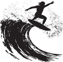 Wave Riding A black silhouette of a person surfing a large wave, arms extended for balance. vector