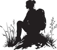 Trail Break A black silhouette of a person sitting on a rock, resting during a hike with their backpack beside them. vector