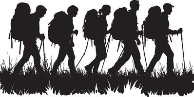 Group Backpacking A group of people walking together on a trail, each with their own backpacks. full length silhouette black illustration vector