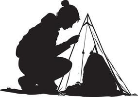 Setting Up Camp A person setting up a tent, placing a sleeping bag or gear inside. full length silhouette black illustration vector
