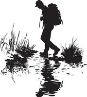 Crossing a Stream A person stepping across a small stream, balancing with a backpack securely on their back. full length silhouette black illustration vector
