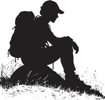 Resting on a Trail A person sitting on a rock or log, taking a break from hiking with their backpack resting beside them. full length silhouette black illustration vector