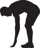 Lifter bent forward with hands on their knees, recovering after an intense set. Full silhouette in black design. vector