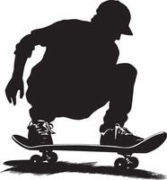Sliding Skater in a crouched position, gliding the board sideways on the pavement for style and control. Full silhouette in black design. vector