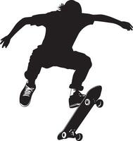 Individual performing a manual by lifting the front wheels of the skateboard while balancing on the back. Complete silhouette in black illustration. vector