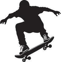 Post-Trick Pose A skater striking a confident pose after landing a trick, standing tall on the board. full length silhouette black illustration vector