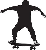 Post-Trick Pose Individual striking a confident pose on the skateboard after executing a trick. Complete silhouette in black illustration. vector