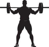 Lifter standing proudly with a barbell resting on their shoulders, exuding satisfaction after a successful lift. Full silhouette in black design. vector