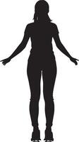 Individual positioned with a shoulder-width stance, knees relaxed, and arms out for stability on the skateboard. Complete silhouette in black illustration. vector