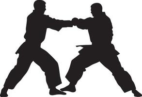A figure performing a swift arm sweep to disrupt the opponent's balance and bring them down to the ground. Full-length silhouette black illustration. vector