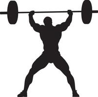A lifter rapidly lifting the barbell from the ground to above the head in a single smooth motion, with arms fully extended. Full-length silhouette black illustration. vector