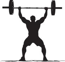 A lifter explosively pulling the barbell from the ground to overhead in one fluid motion, arms fully extended. full length silhouette black illustration vector