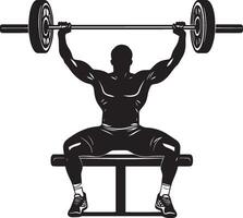 Lifter positioned on a bench, pressing the barbell upward with fully extended arms. Full silhouette in black design. vector