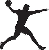 An athlete pushing the shot put forward with a powerful, explosive movement. full length silhouette black illustration vector
