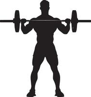 Individual executing a barbell curl, lifting the weight to shoulder height while keeping elbows stationary. Complete silhouette in black illustration. vector