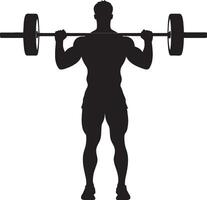 Lifter standing upright, curling the barbell towards their shoulders with elbows held steady. Full silhouette in black design. vector
