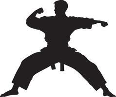 An individual adopting a low, stable stance with feet apart and arms raised to guard against attacks. Full-length silhouette black illustration. vector