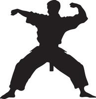 A practitioner in a low, wide stance with feet spread apart and arms lifted for defensive protection. Full-length silhouette black illustration. vector