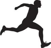 An athlete in the midst of the hop segment of the triple jump, extending one leg ahead. Full-length silhouette black illustration. vector