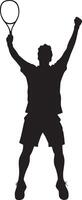 A badminton player raising their racket or both hands in celebration after a winning point. full length silhouette black illustration vector