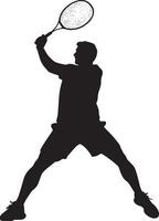 A figure positioned with legs flexed and racket lifted high, poised for a strong smashing action. Full-length silhouette black illustration. vector