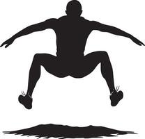 A jumper descending toward the sandpit, with both legs extended forward in preparation for landing. Full-length silhouette black illustration. vector