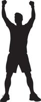 A badminton player celebrating with a raised fist after scoring a critical point. full length silhouette black illustration vector