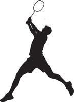 A badminton player leaping forward or sideways, reaching for a shuttlecock out of reach. full length silhouette black illustration vector