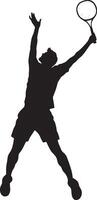 A badminton player leaping either forward or sideways, stretching to catch a shuttlecock that is just out of reach. Full-length silhouette black illustration. vector