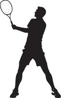 A badminton player positioned with one foot forward, holding the shuttlecock in one hand and the racket in the other. Full-length silhouette black illustration. vector