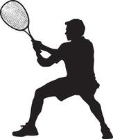 A badminton player crouched low, using the racket to deflect a low shot. full length silhouette black illustration vector