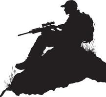 A hunter resting on a rock, rifle across lap. full length silhouette black illustration vector
