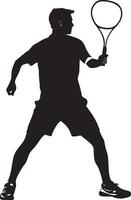 A badminton player standing with one foot forward, holding the shuttlecock in one hand and the racket in the other. full length silhouette black illustration vector