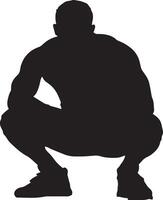 A wrestler crouching low with arms prepared, scanning for an opportunity to engage. Full-length silhouette black illustration. vector