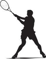 A badminton player swiftly moving backward, keeping an eye on the shuttlecock while getting ready for a return. Full-length silhouette black illustration. vector