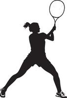 A badminton player in a dynamic position with bent legs and racket raised high, preparing for a powerful smash. Full-length silhouette black illustration. vector