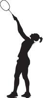A badminton player extending their racket high to block a smash from their opponent. full length silhouette black illustration vector
