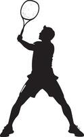 A badminton player positioned with legs bent, racket raised high, preparing for a powerful smash. full length silhouette black illustration vector