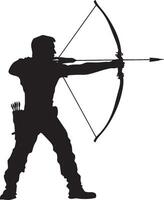 An individual in the act of drawing an arrow back on a bow, preparing to aim and shoot. Full-length silhouette black illustration. vector