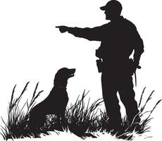 A silhouette of a hunter gesturing forward, commanding the dog to start tracking the game. Full-length silhouette black illustration. vector