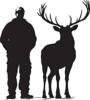 A person standing beside a large hunted animal. full length silhouette black illustration vector