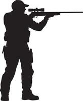 A silhouette of a hunter standing upright, aligning their rifle with precision toward a target. Full-length silhouette black illustration. vector
