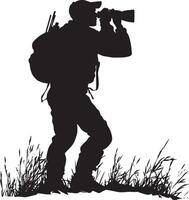 A hunter scanning the surroundings intently with a pair of binoculars. Full-length silhouette black illustration. vector