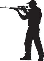 An individual in a stable position, focusing on the target while aiming a rifle forward. Full-length silhouette black illustration. vector