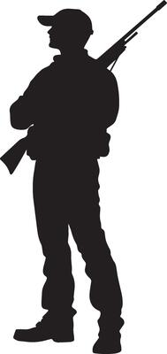 A person standing tall, holding a rifle across their chest in a relaxed position. Full-length silhouette black illustration.