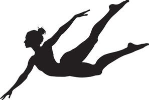 An individual executing a mid-air leap, with legs perfectly stretched in a split. Full-length silhouette black illustration. vector