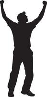 A bowler standing proudly, arms raised in joy after achieving a wicket. Full-length silhouette black illustration. vector