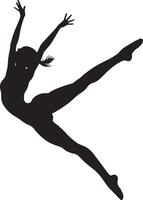 A gymnast soaring through the air, legs extended in a flawless split position. Full-length silhouette black illustration. vector