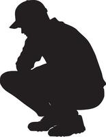 A player crouched low, hands open wide, with eyes focused intently on the ball. Full-length silhouette black illustration. vector